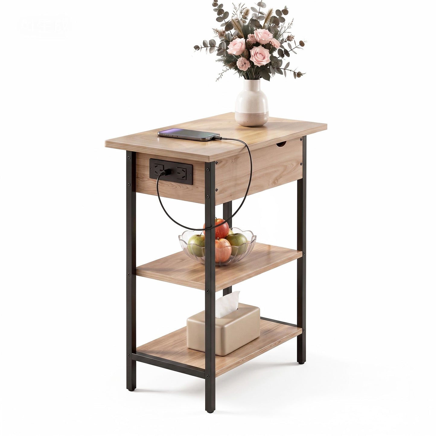 Iason Coffee Table Side Bedside End Table Charging Station Flip-Top Storage 60cm Wood