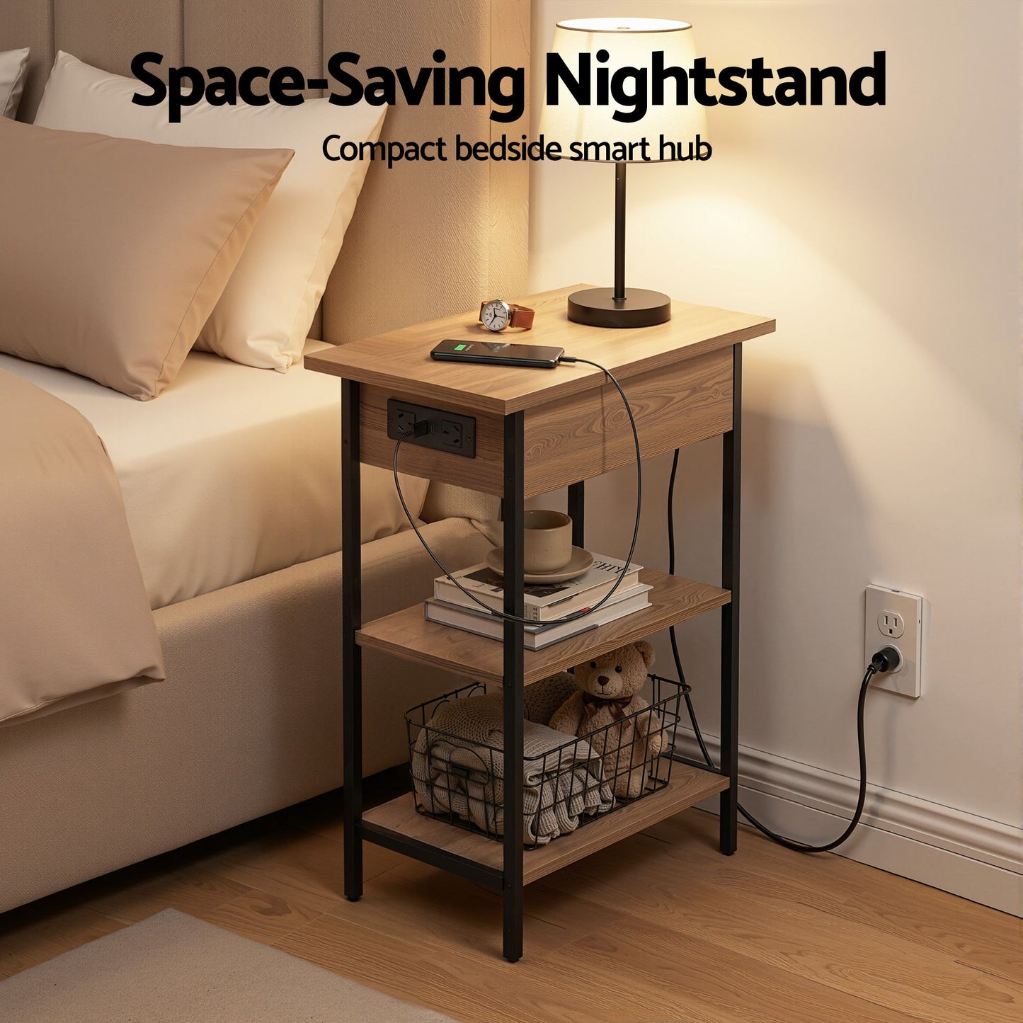 Iason Coffee Table Side Bedside End Table Charging Station Flip-Top Storage 60cm Wood