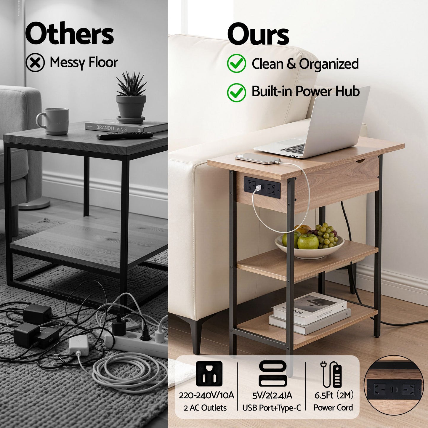 Iason Coffee Table Side Bedside End Table Charging Station Flip-Top Storage 60cm Wood