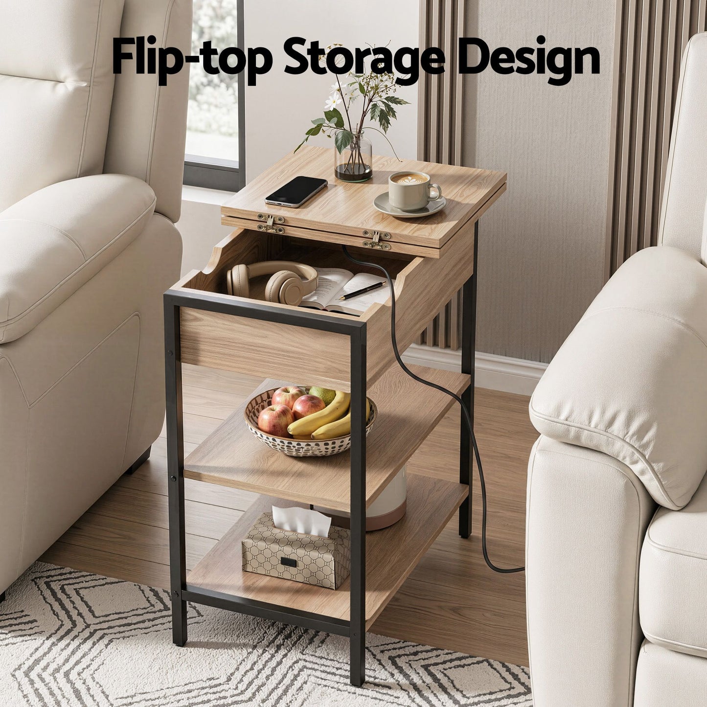 Iason Coffee Table Side Bedside End Table Charging Station Flip-Top Storage 60cm Wood