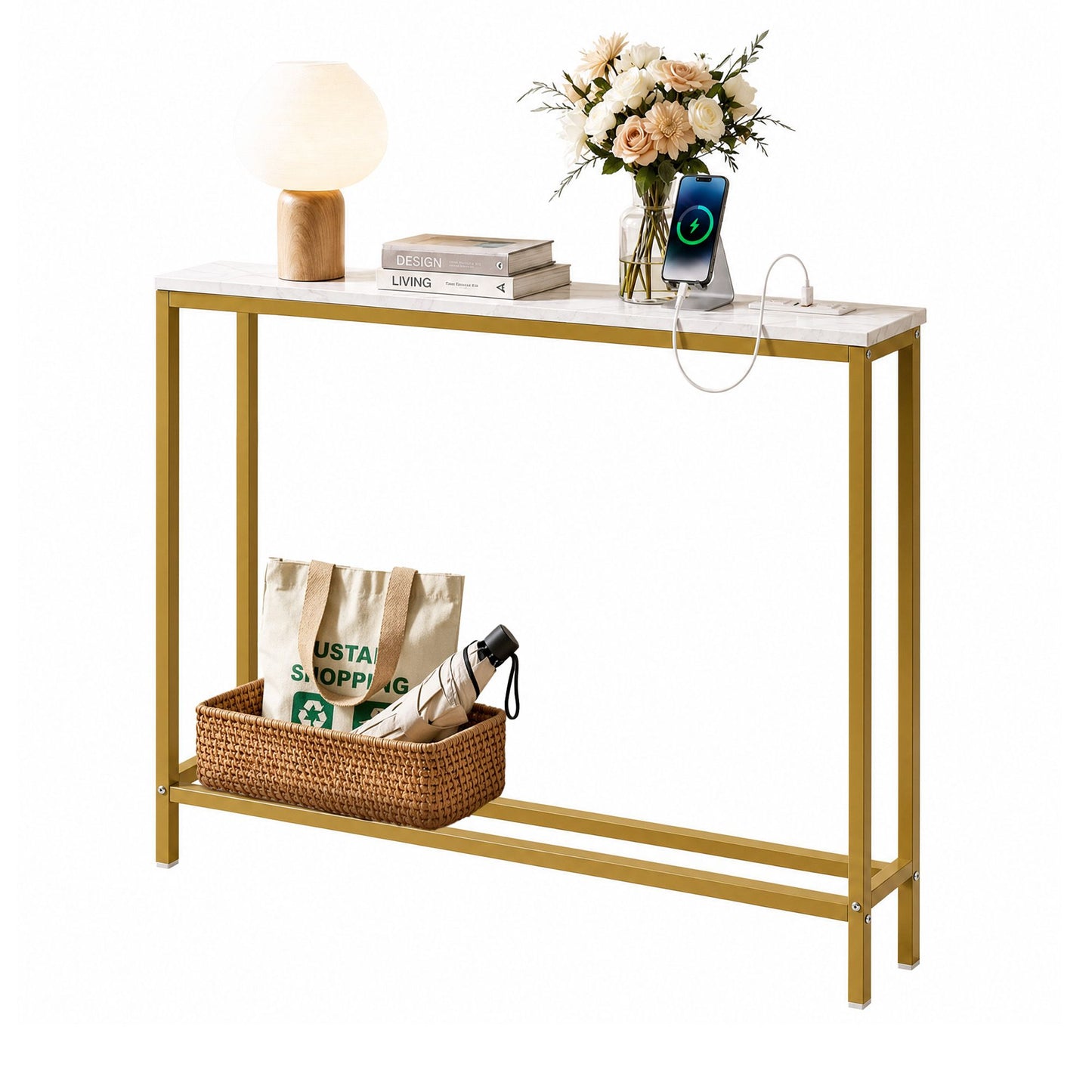 Console Table Entryway Hallway Display Desk Charging Station Marble Finish - White & Gold
