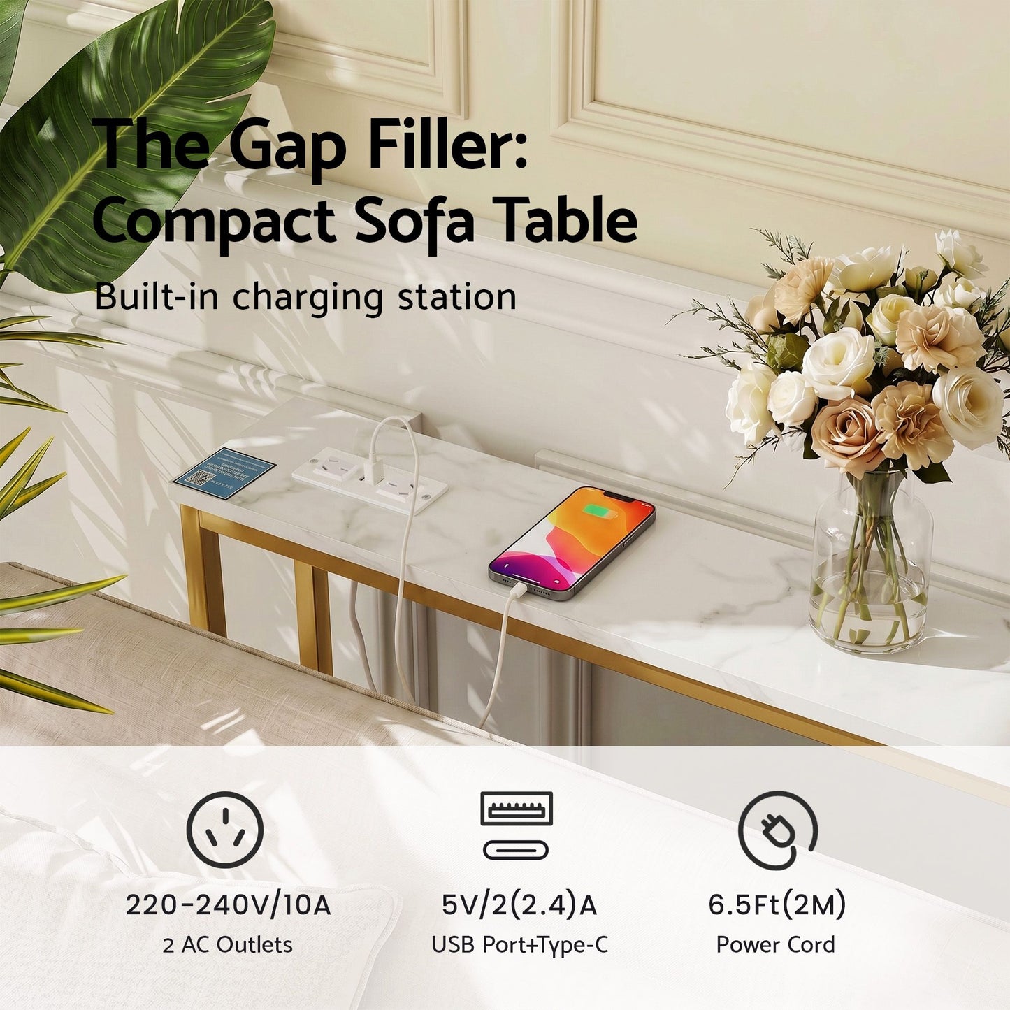 Console Table Entryway Hallway Display Desk Charging Station Marble Finish - White & Gold