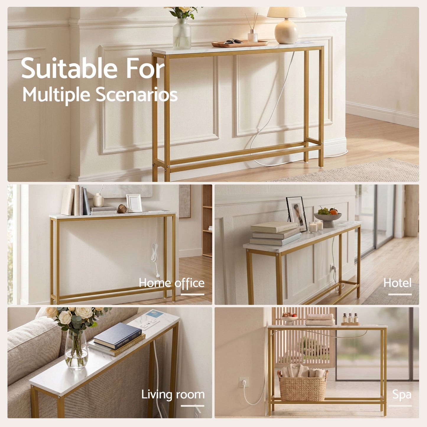 Console Table Entryway Hallway Display Desk Charging Station Marble Finish - White & Gold