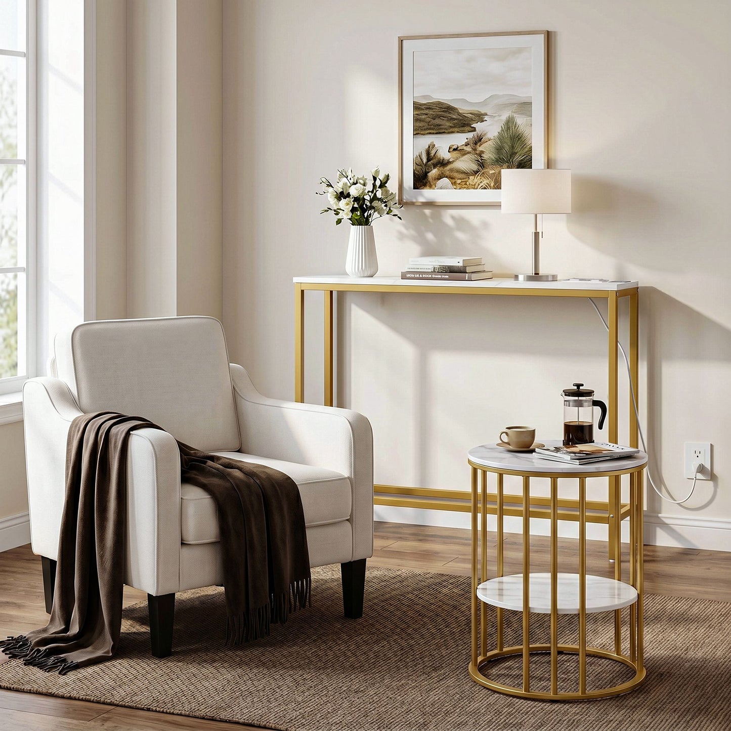 Console Table Entryway Hallway Display Desk Charging Station Marble Finish - White & Gold