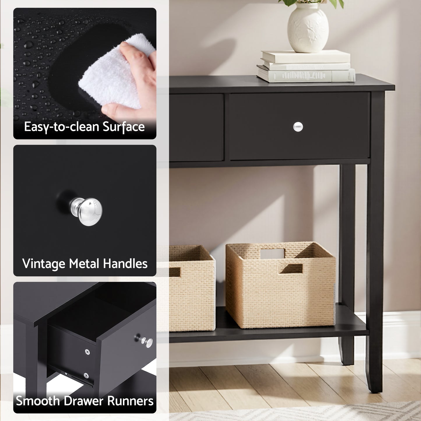 Console Table Hallway Sofa Entryway Entrance 2 Drawers 80CM - Black