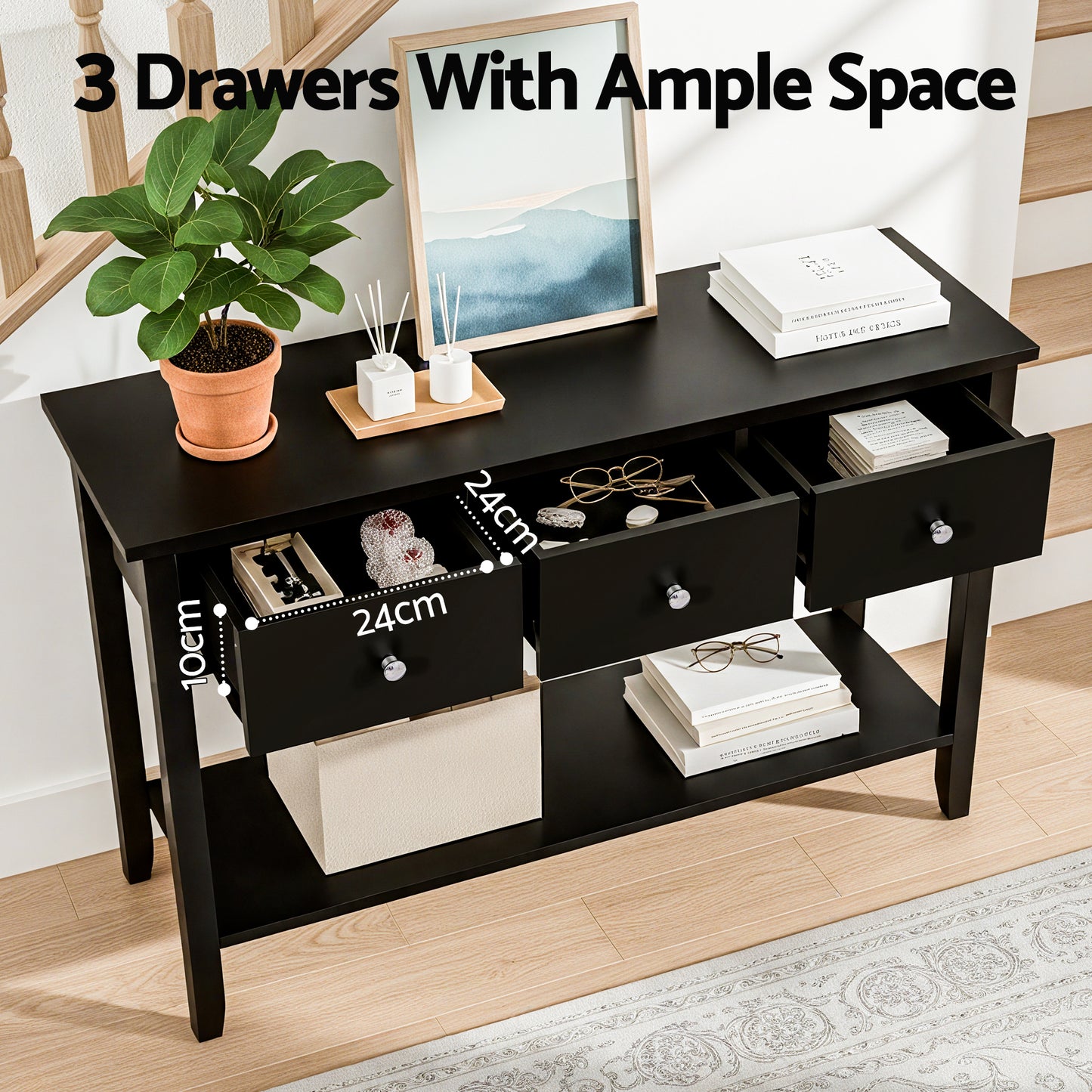 Console Table Hallway Sofa Entryway Entrance 3 Drawers 100CM - Black