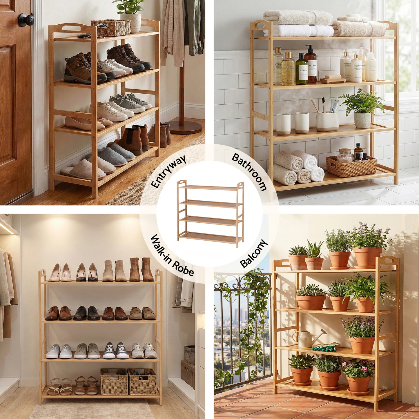 Artiss 4 Tier Shoe Rack Bamboo Storage Organiser Pine