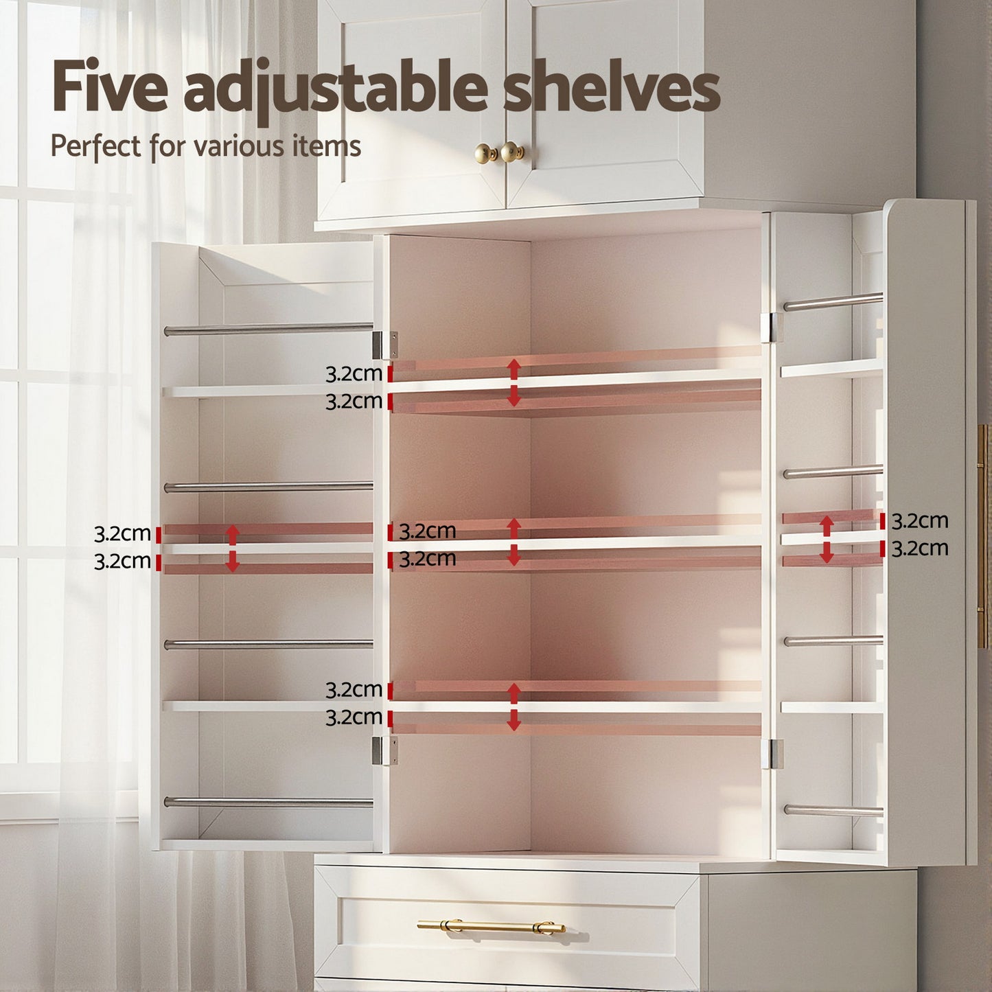 Stetson Buffet Sideboard Cabinet Pantry Kitchen Storage Cupboard Drawers Doors - White