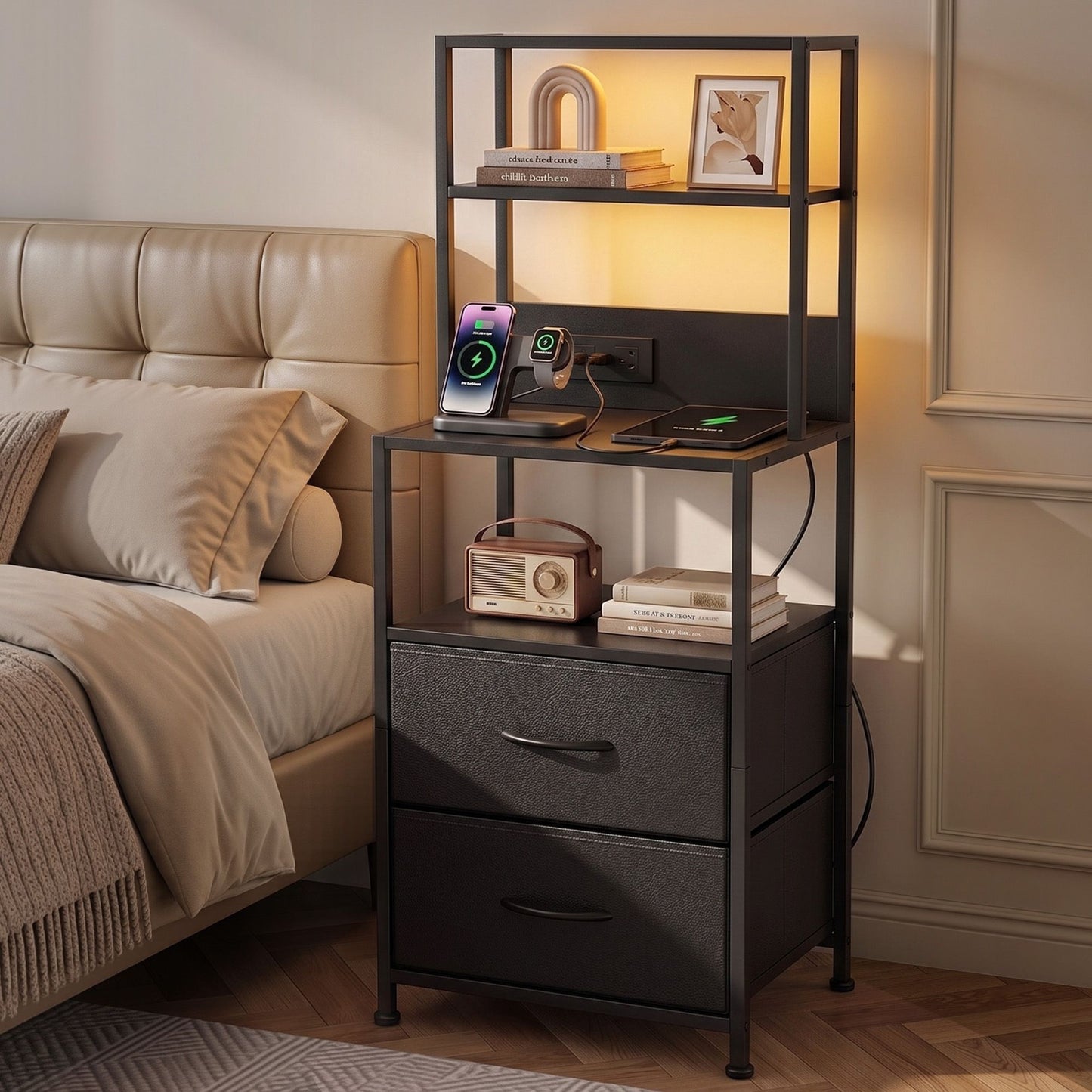 Saga Bedside Tables Tall Nightstand with Charging Station Drawers LED - Black