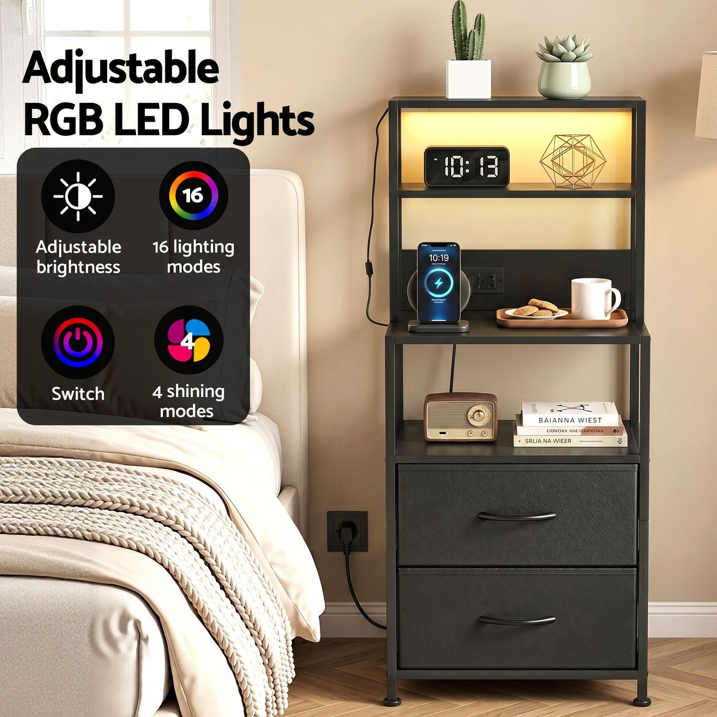 Saga Bedside Tables Tall Nightstand with Charging Station Drawers LED - Black