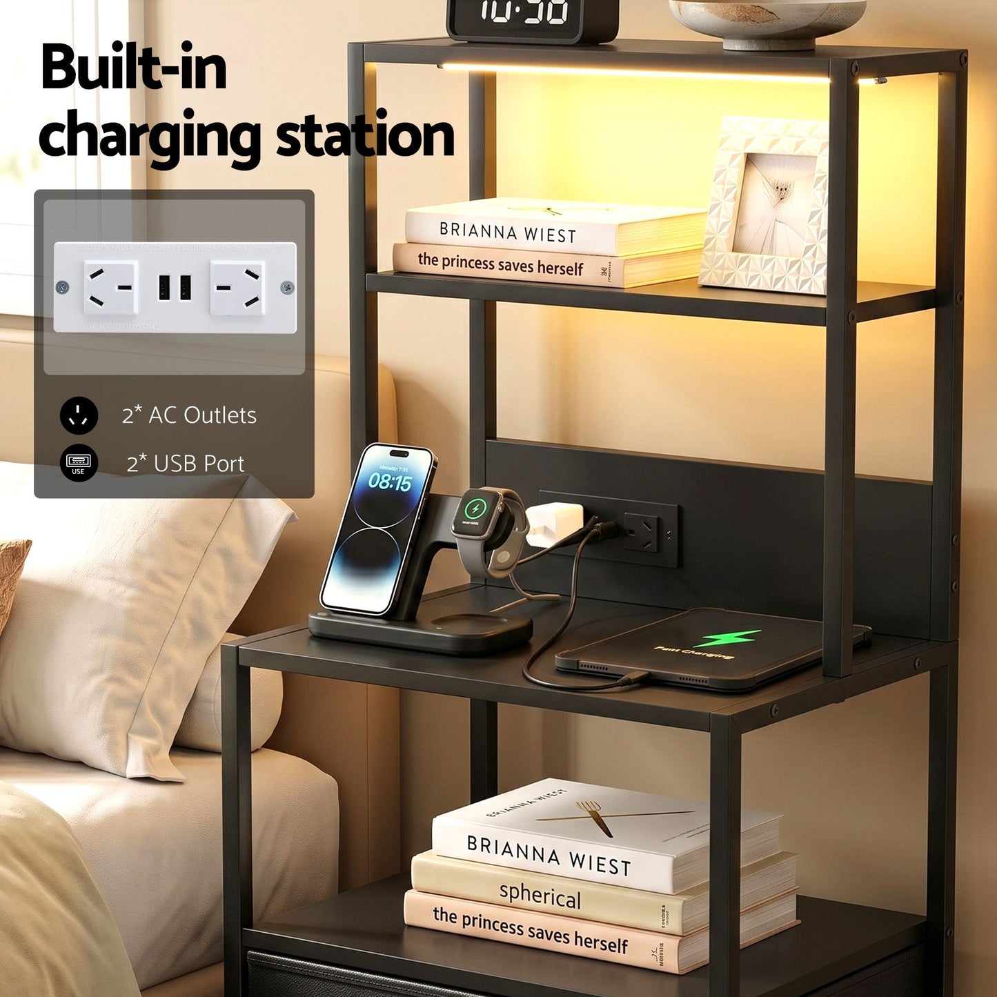 Saga Bedside Tables Tall Nightstand with Charging Station Drawers LED - Black