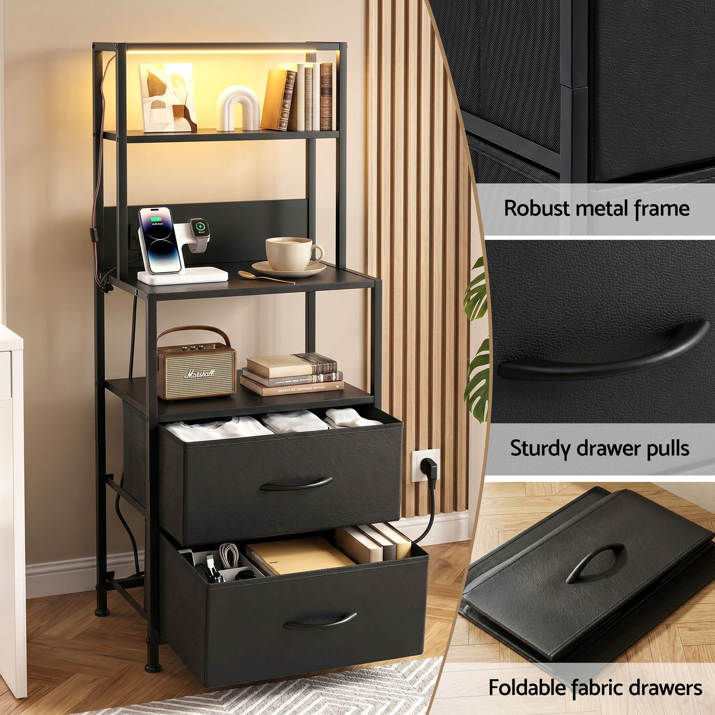 Saga Bedside Tables Tall Nightstand with Charging Station Drawers LED - Black