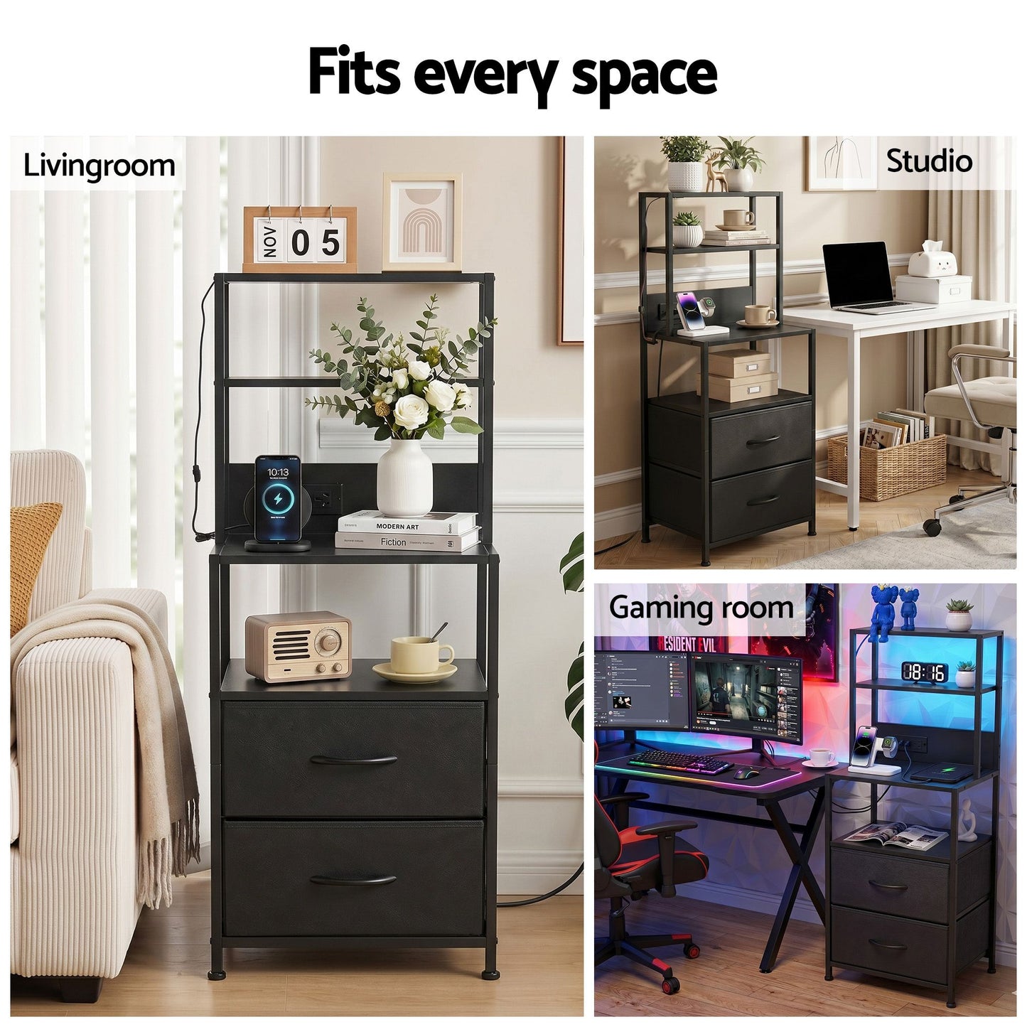 Saga Bedside Tables Tall Nightstand with Charging Station Drawers LED - Black