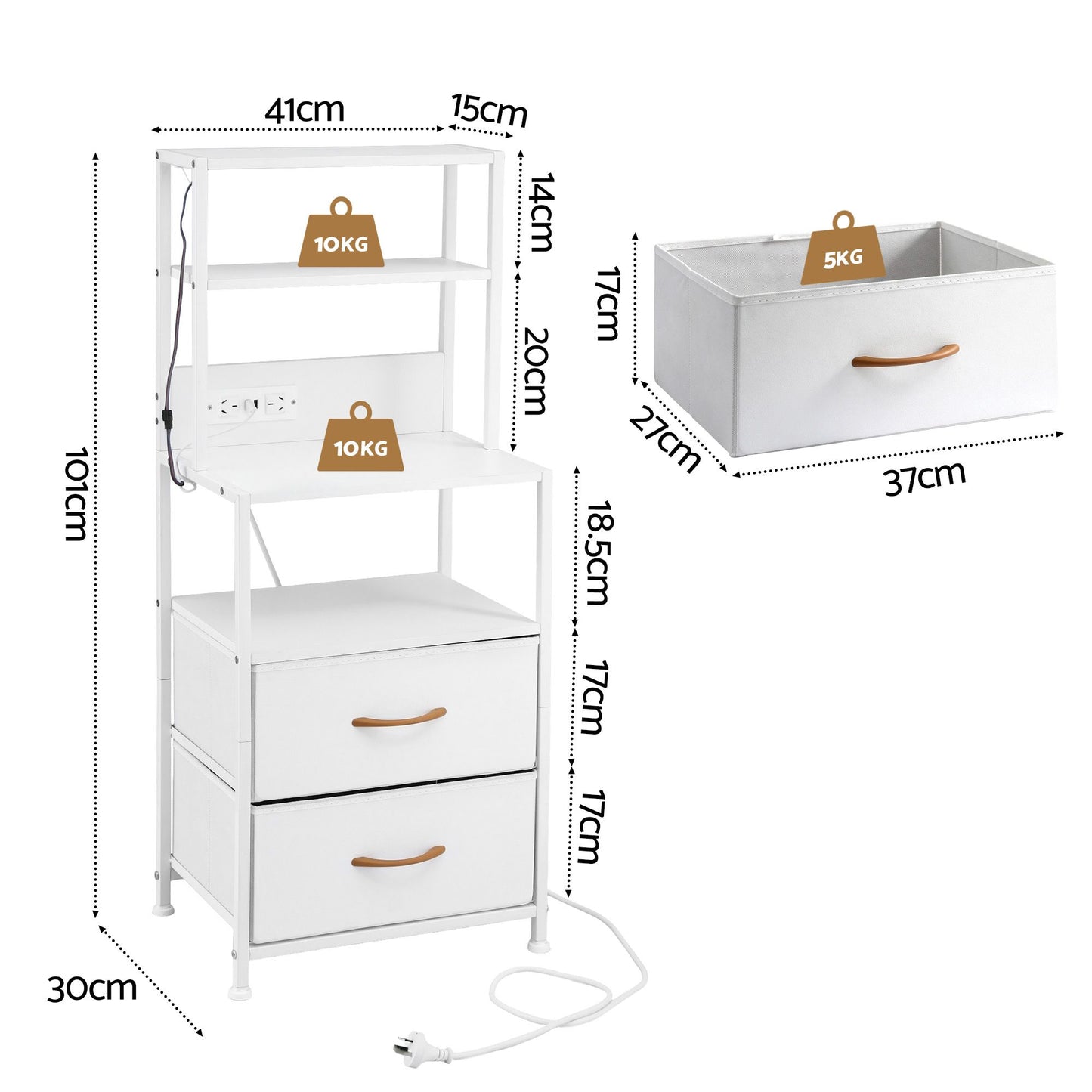 Saga Bedside Tables Tall Nightstand with Charging Station Drawers LED - White