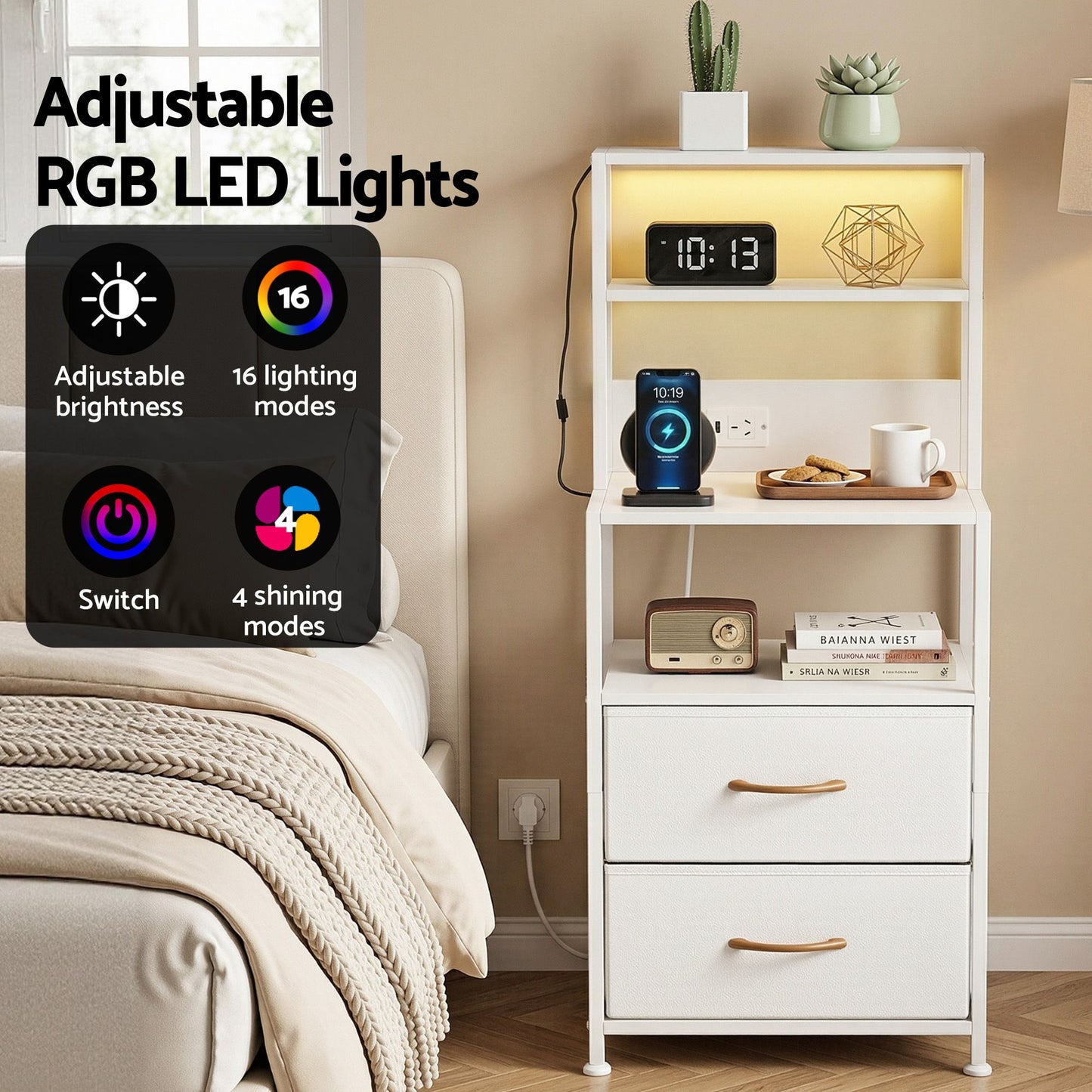 Saga Bedside Tables Tall Nightstand with Charging Station Drawers LED - White