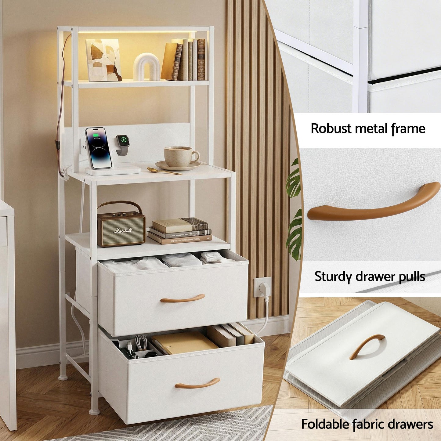 Saga Bedside Tables Tall Nightstand with Charging Station Drawers LED - White