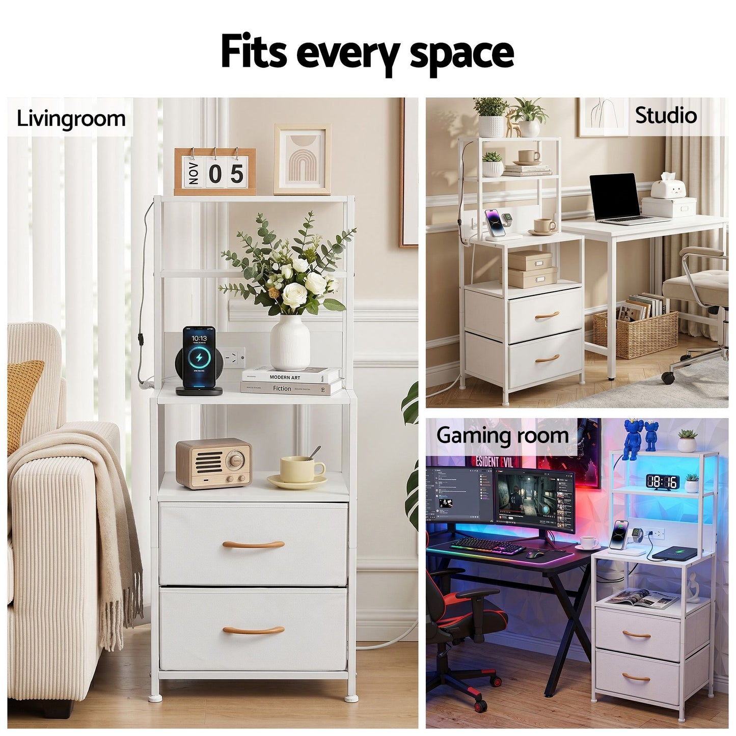 Saga Bedside Tables Tall Nightstand with Charging Station Drawers LED - White