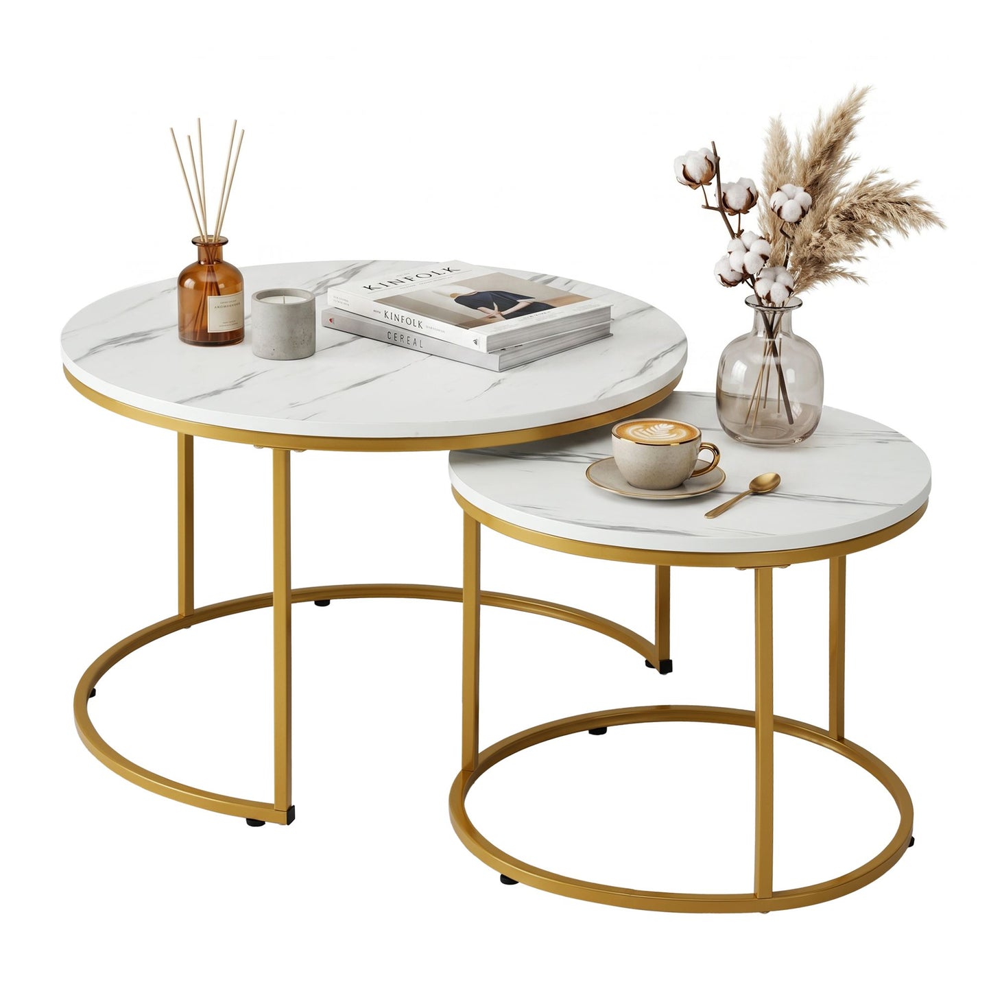 Iphigenia Coffee Table Set of 2 Round Marble Effect 70/50cm White & Gold
