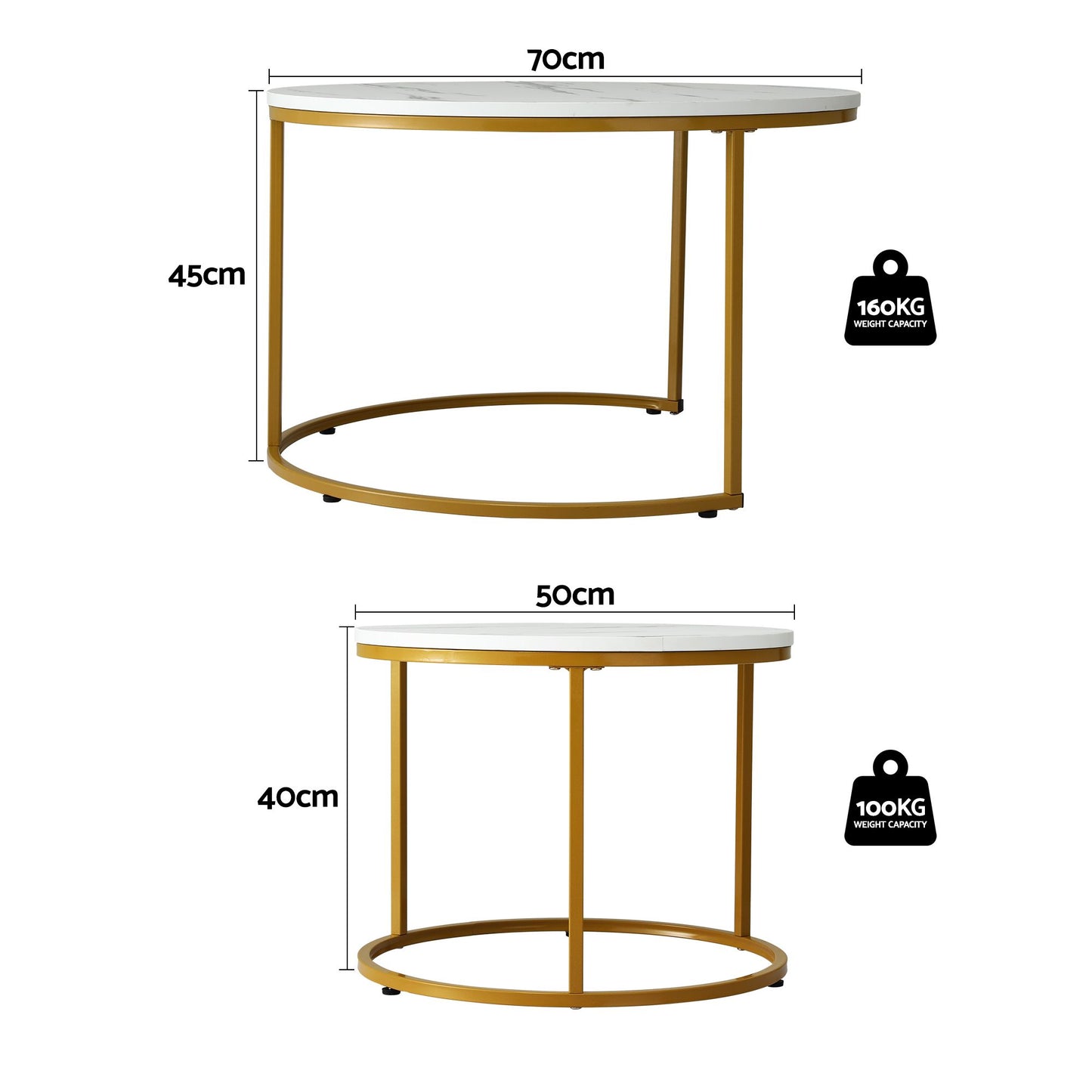 Iphigenia Coffee Table Set of 2 Round Marble Effect 70/50cm White & Gold