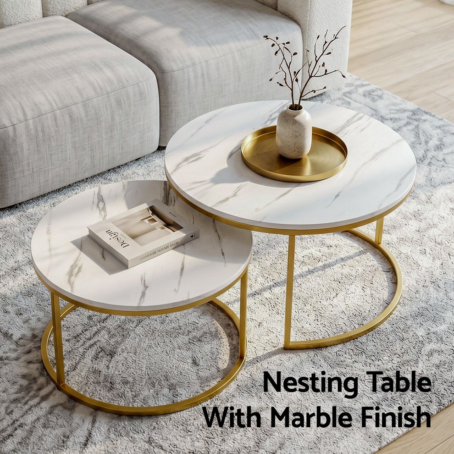 Iphigenia Coffee Table Set of 2 Round Marble Effect 70/50cm White & Gold