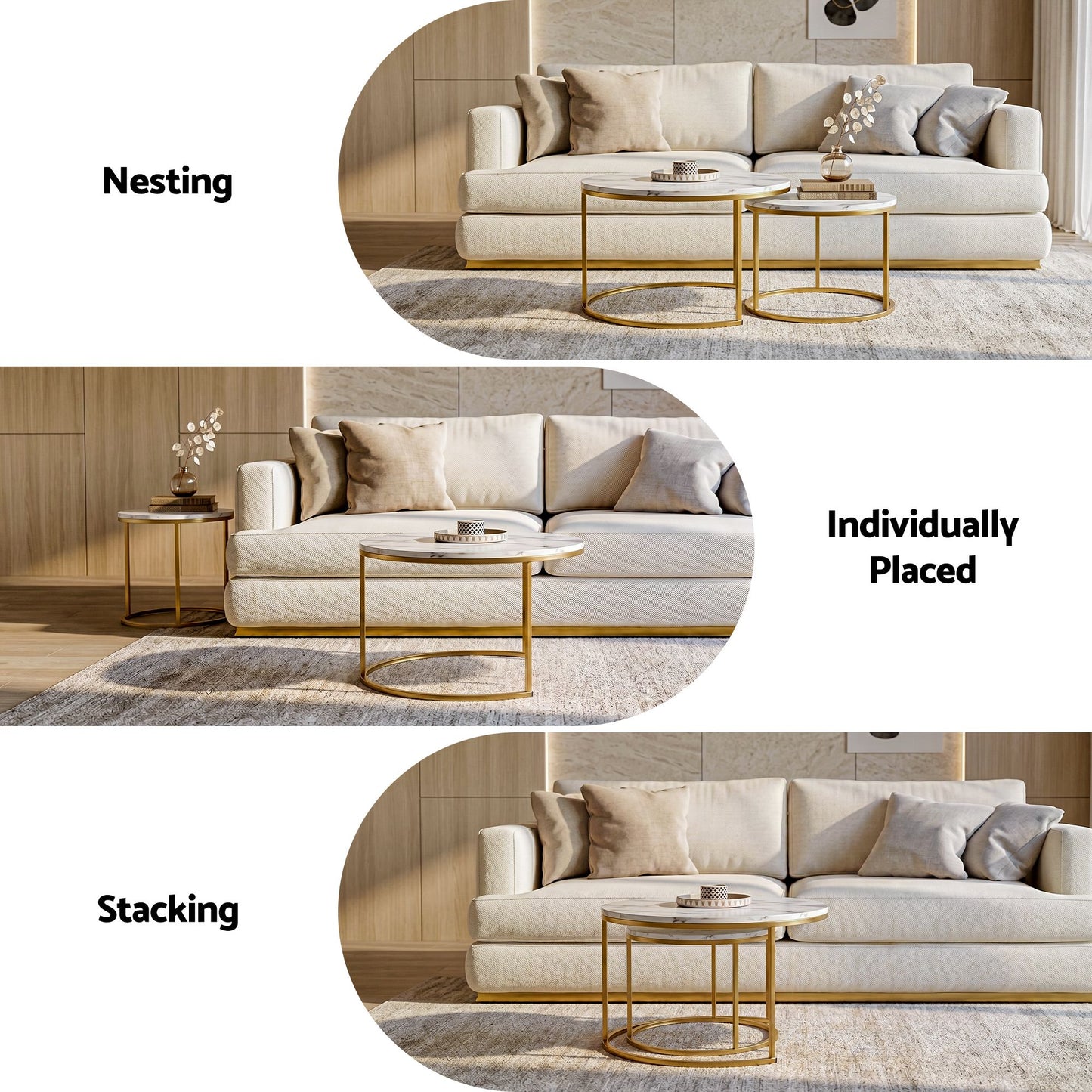 Iphigenia Coffee Table Set of 2 Round Marble Effect 70/50cm White & Gold