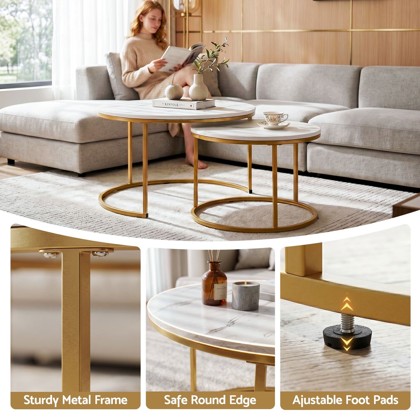 Iphigenia Coffee Table Set of 2 Round Marble Effect 70/50cm White & Gold