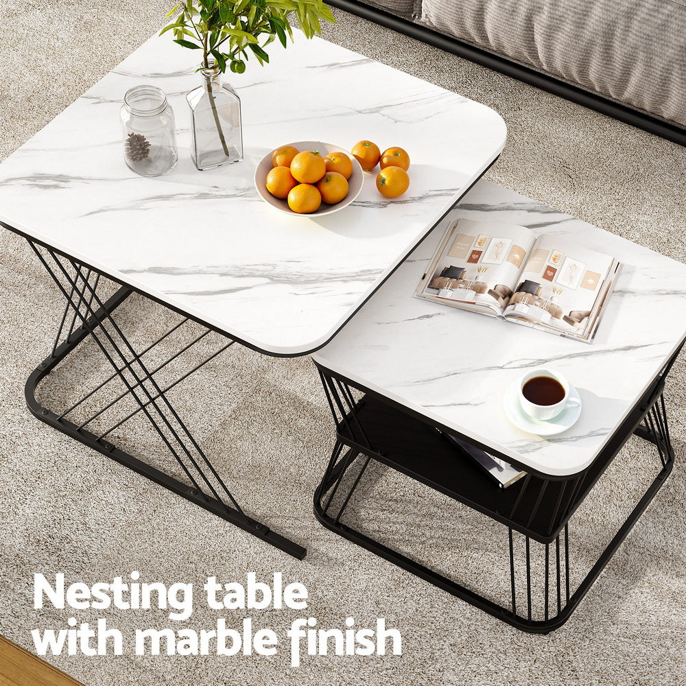 Ioakeim Nesting Coffee Table Set of 2 Marble Effect White and Black