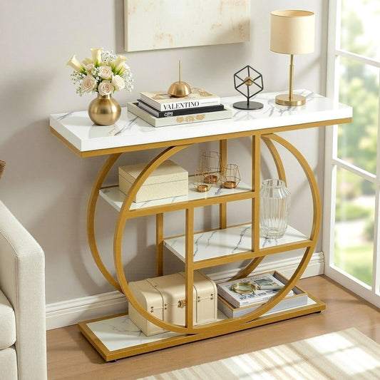 Console Table Marble Effect 4-Tier Shelves 105CM - White & Gold