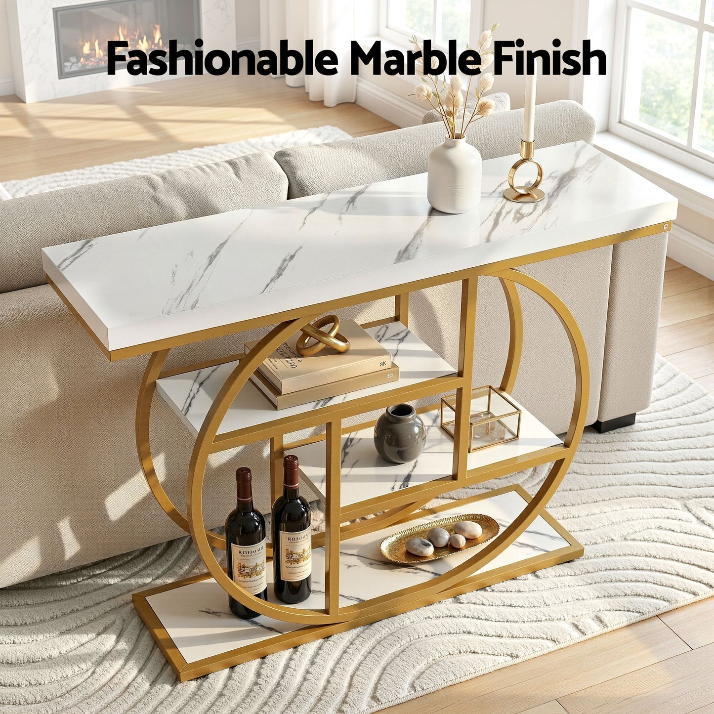 Console Table Marble Effect 4-Tier Shelves 105CM - White & Gold