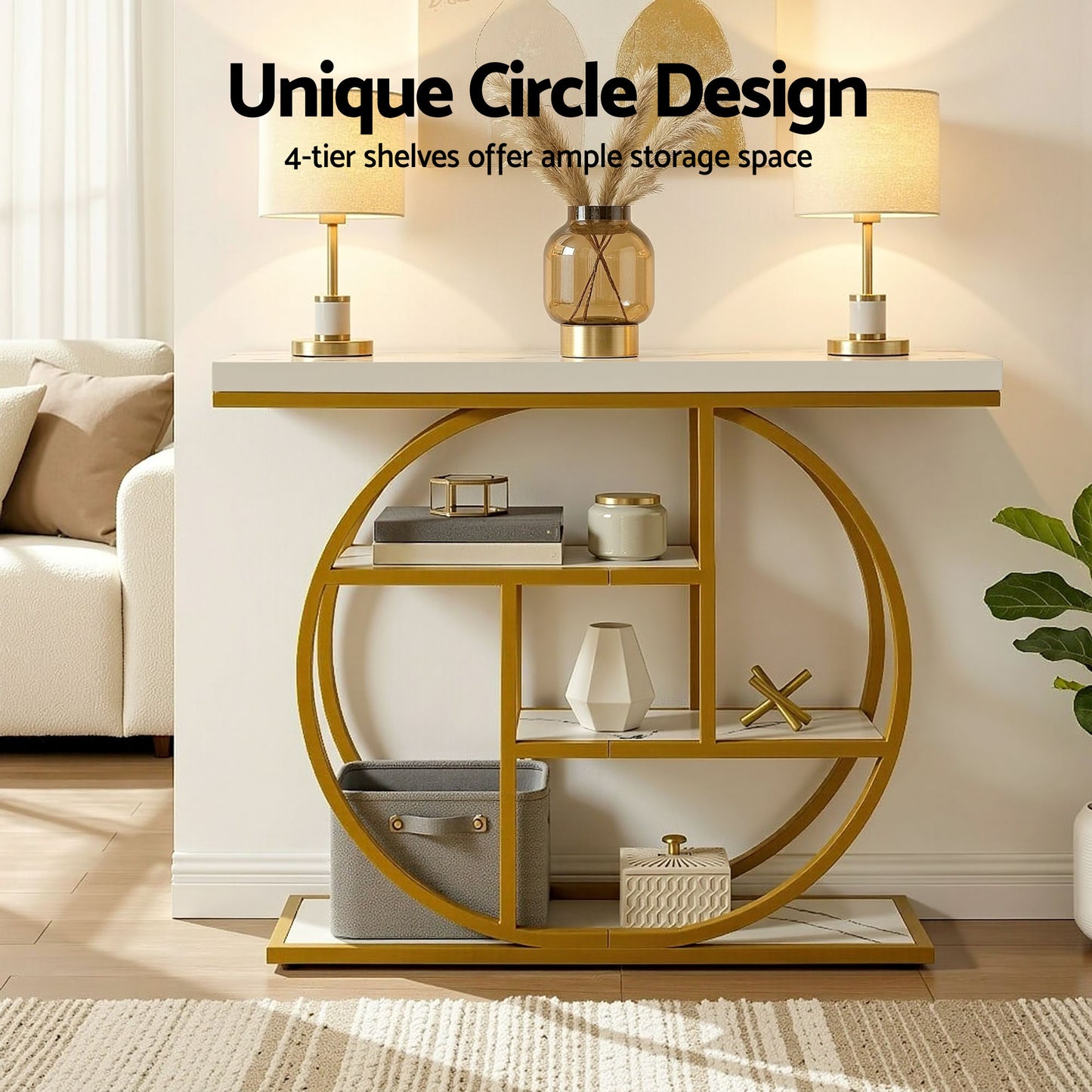 Console Table Marble Effect 4-Tier Shelves 105CM - White & Gold