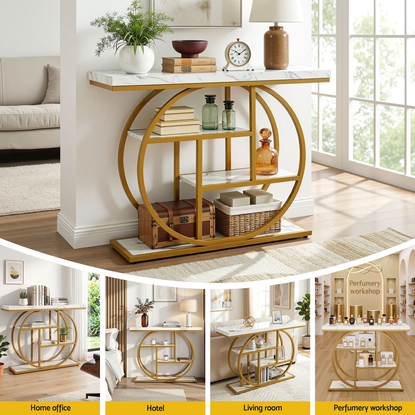 Console Table Marble Effect 4-Tier Shelves 105CM - White & Gold