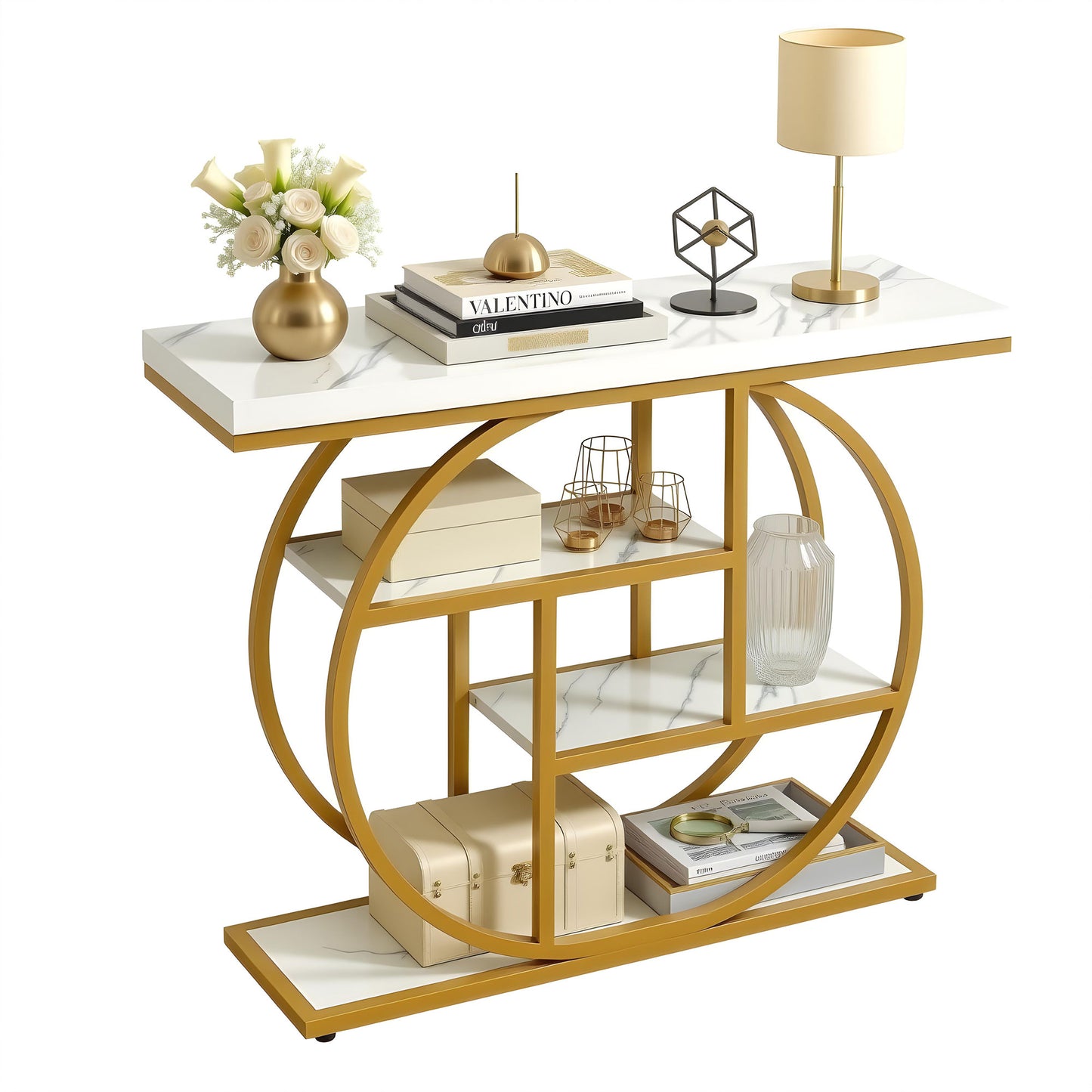 Console Table Marble Effect 4-Tier Shelves 105CM - White & Gold