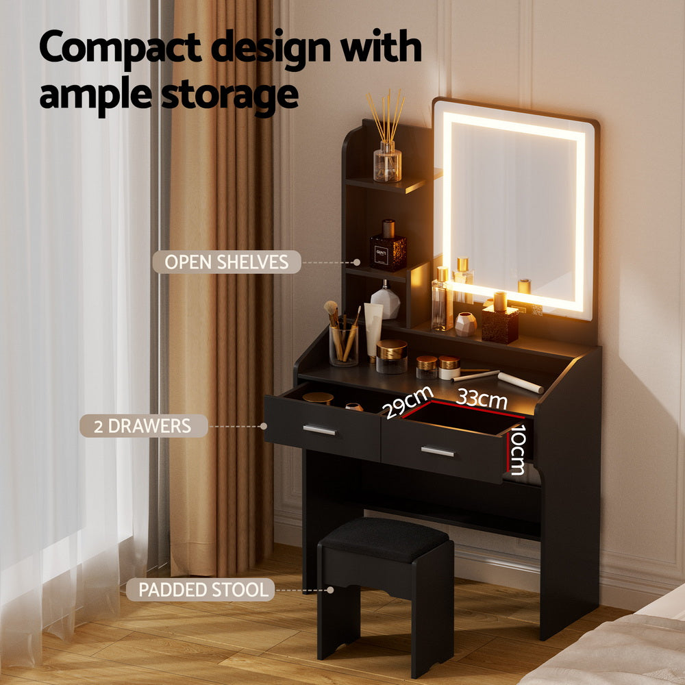 Dressing Table Set Stool Led - Black