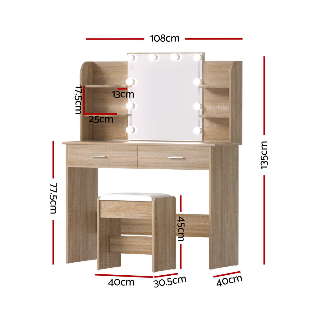 Dressing Table Set Stool 10 Led Bulbs - Wood