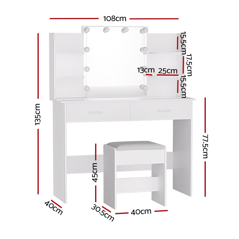 Dressing Table LED Makeup Mirror Stool Set 10 Bulbs Vanity Desk White