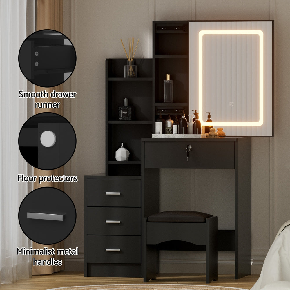 Dressing Table Vanity Desk Set Stool Led - Black