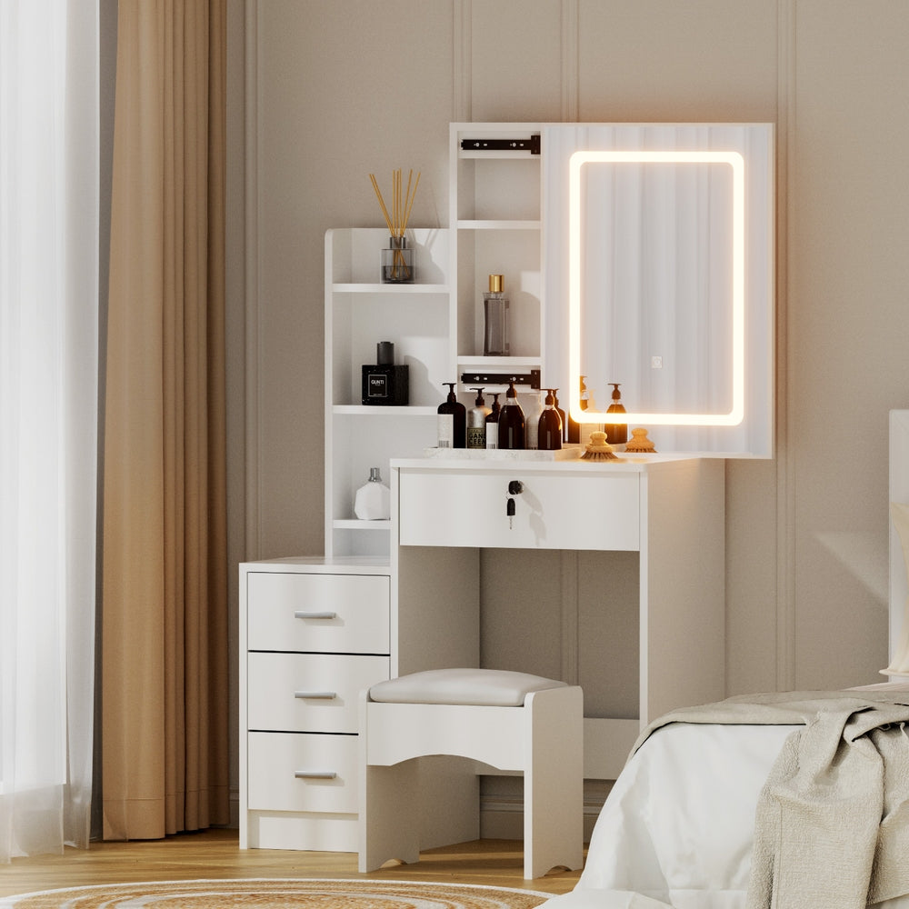 Dressing Table Vanity Desk Set Stool Led - White