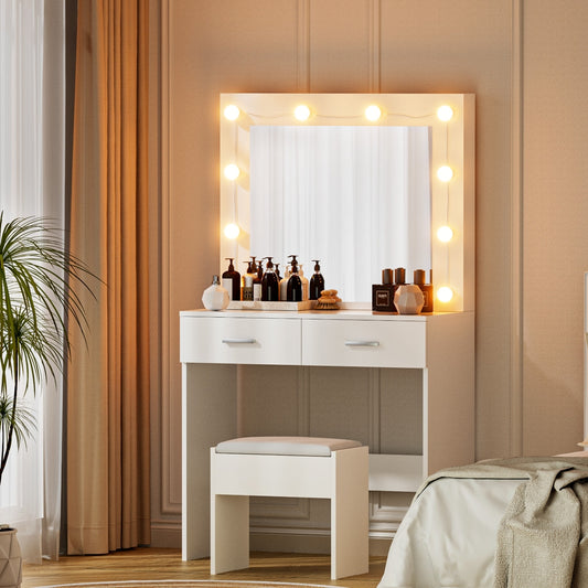 Dressing Table Vanity Desk Set Stool 10 Led Bulbs - White