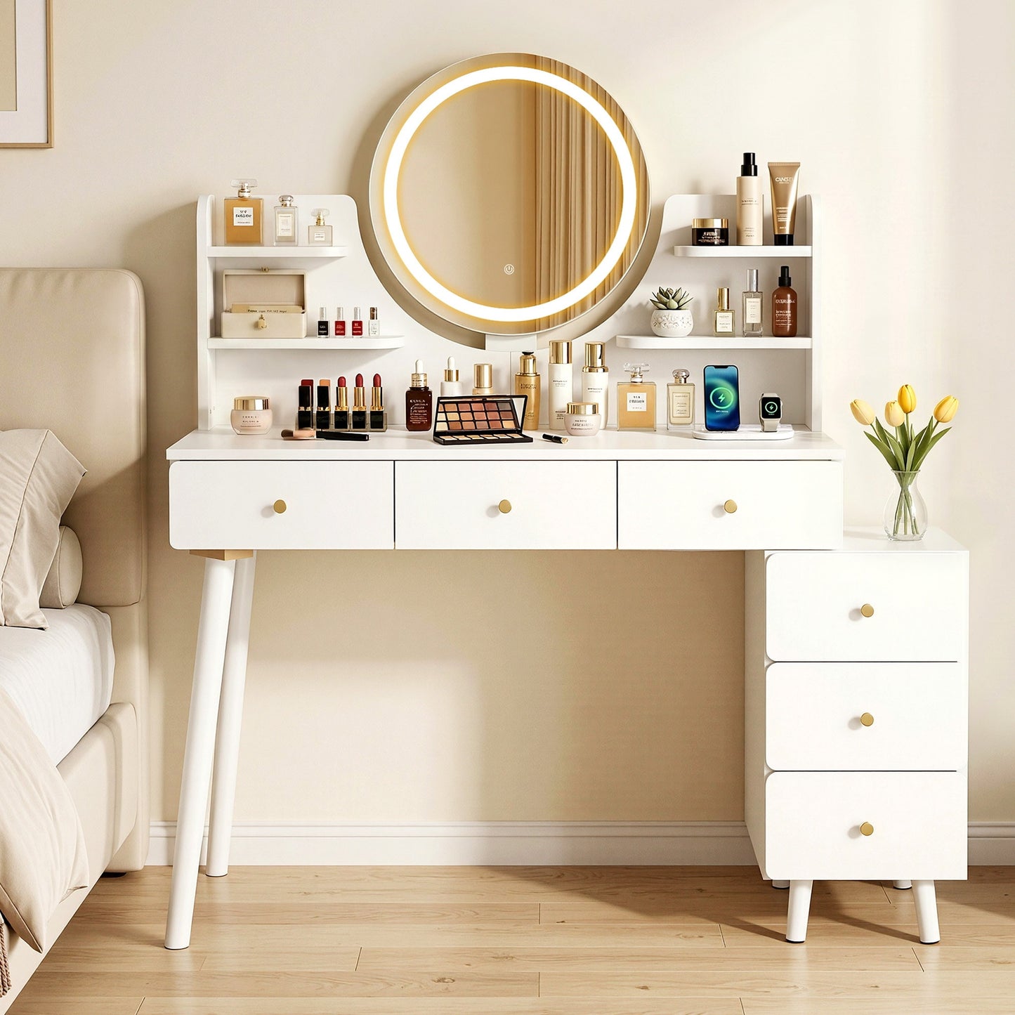 Dressing Table Vanity Desk LED Charging Station - White