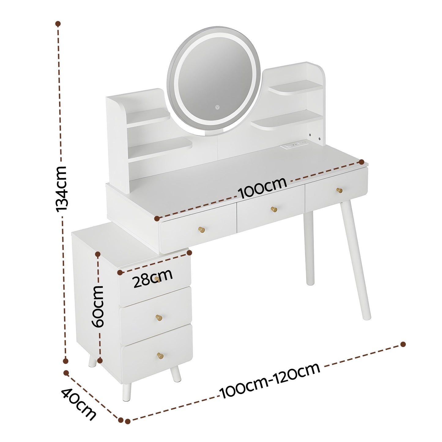 Dressing Table Vanity Desk LED Charging Station - White