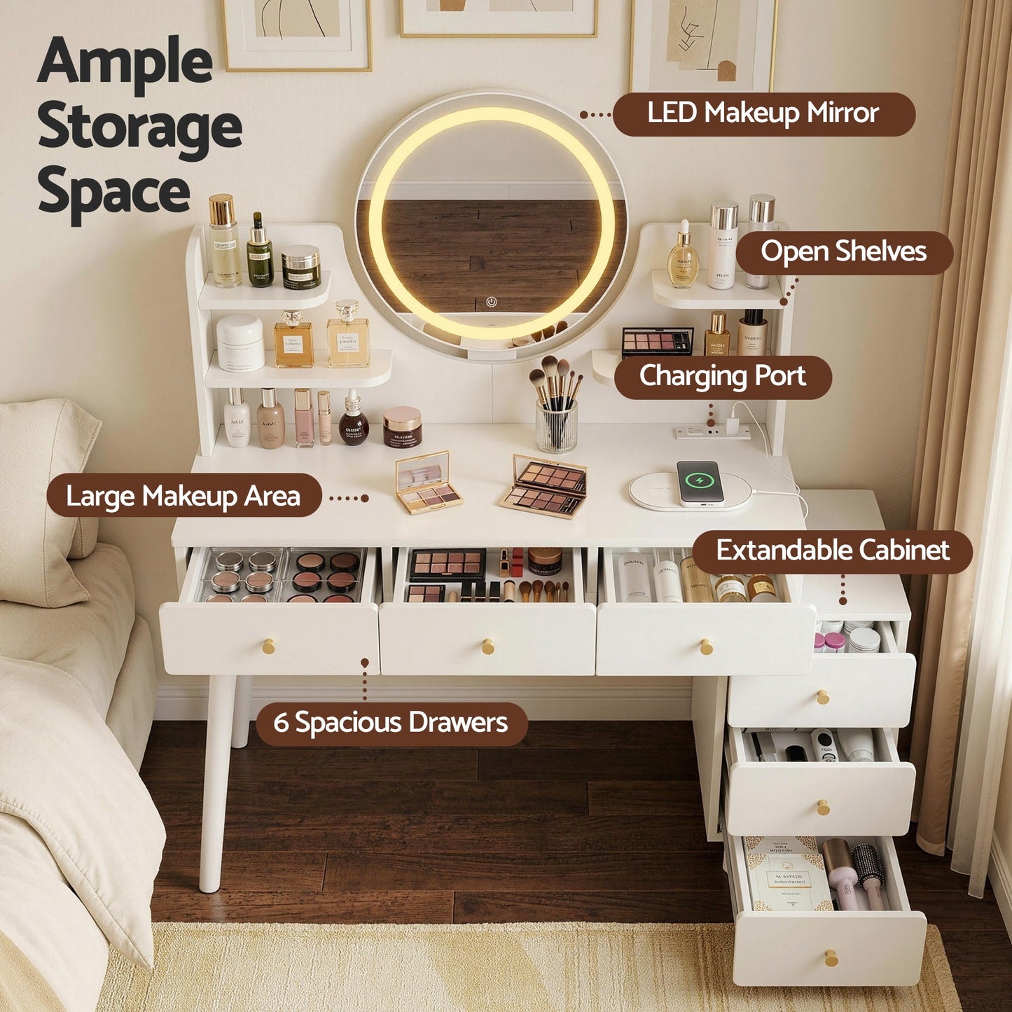 Dressing Table Vanity Desk LED Charging Station - White
