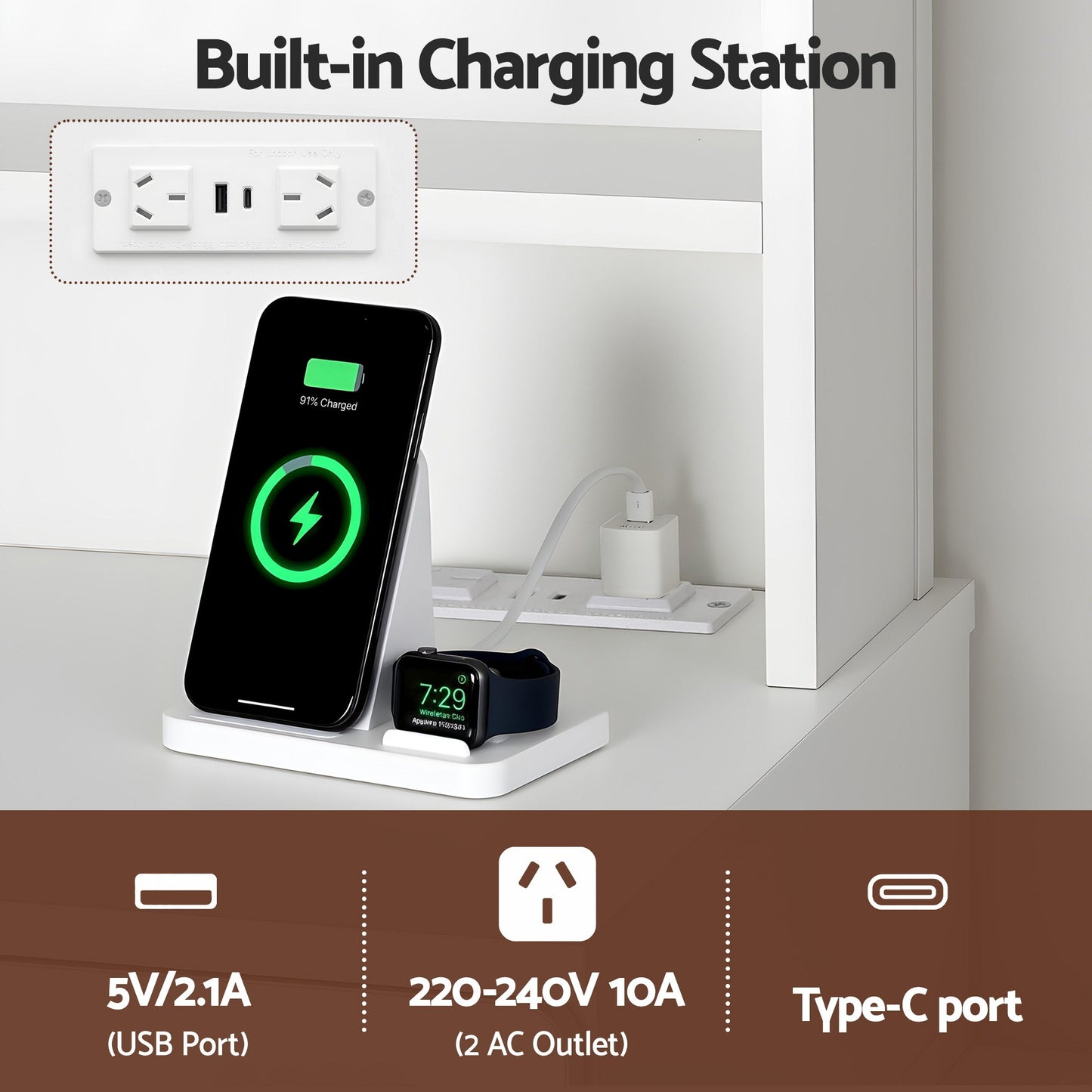Dressing Table Vanity Desk LED Charging Station - White