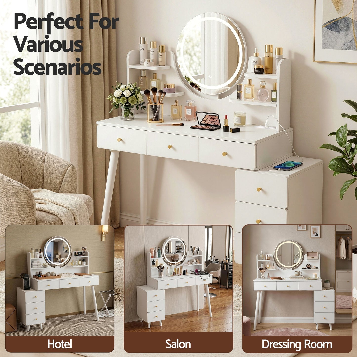 Dressing Table Vanity Desk LED Charging Station - White