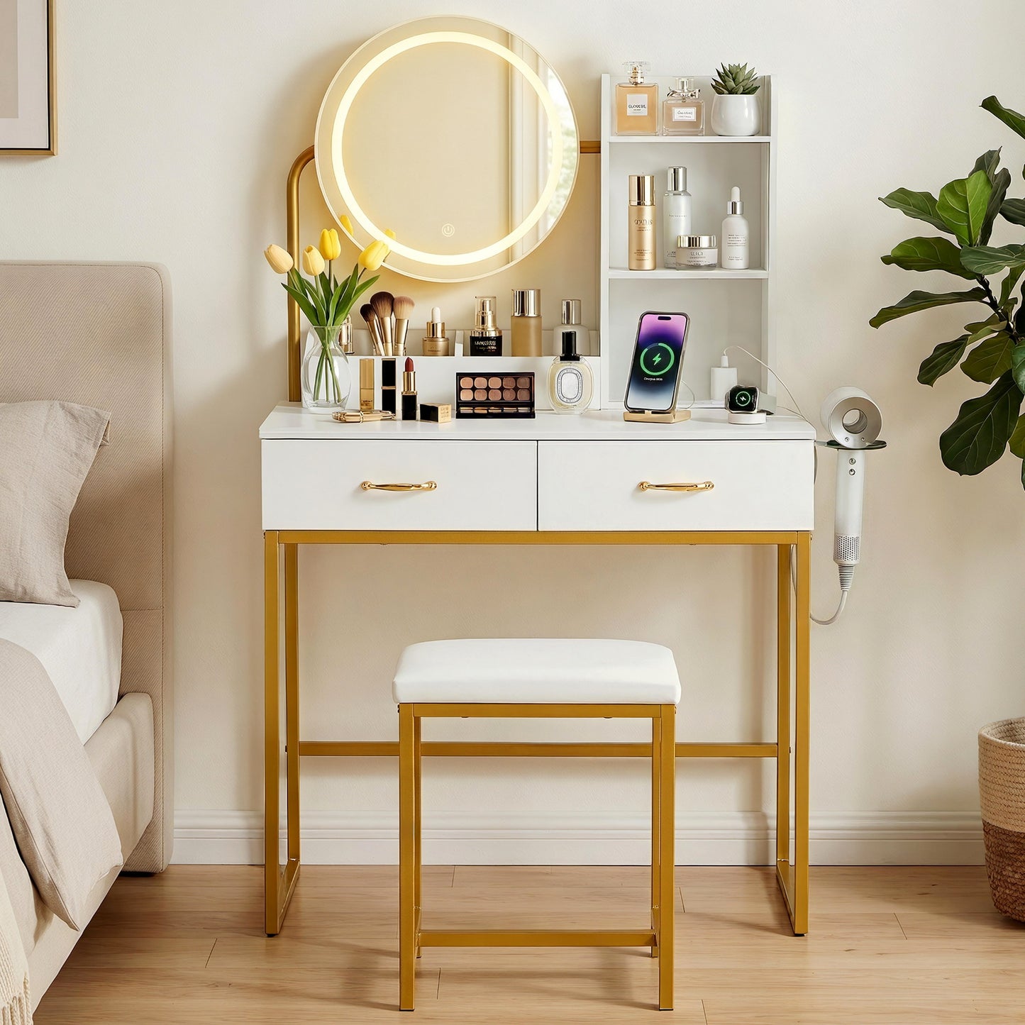 Dressing Table Vanity Desk Set Stool LED Charging Station - White