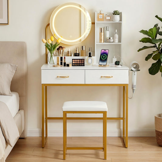 Dressing Table Vanity Desk Set Stool LED Charging Station - White