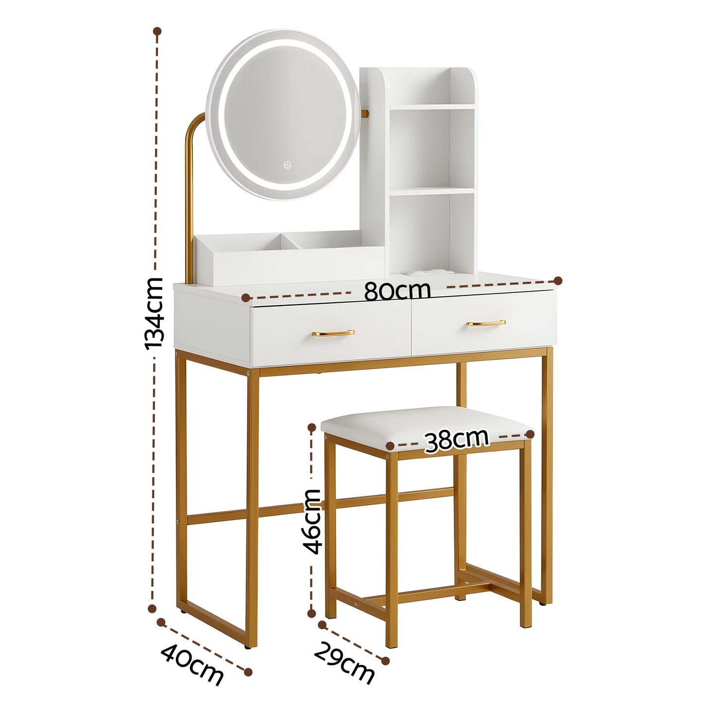 Dressing Table Vanity Desk Set Stool LED Charging Station - White