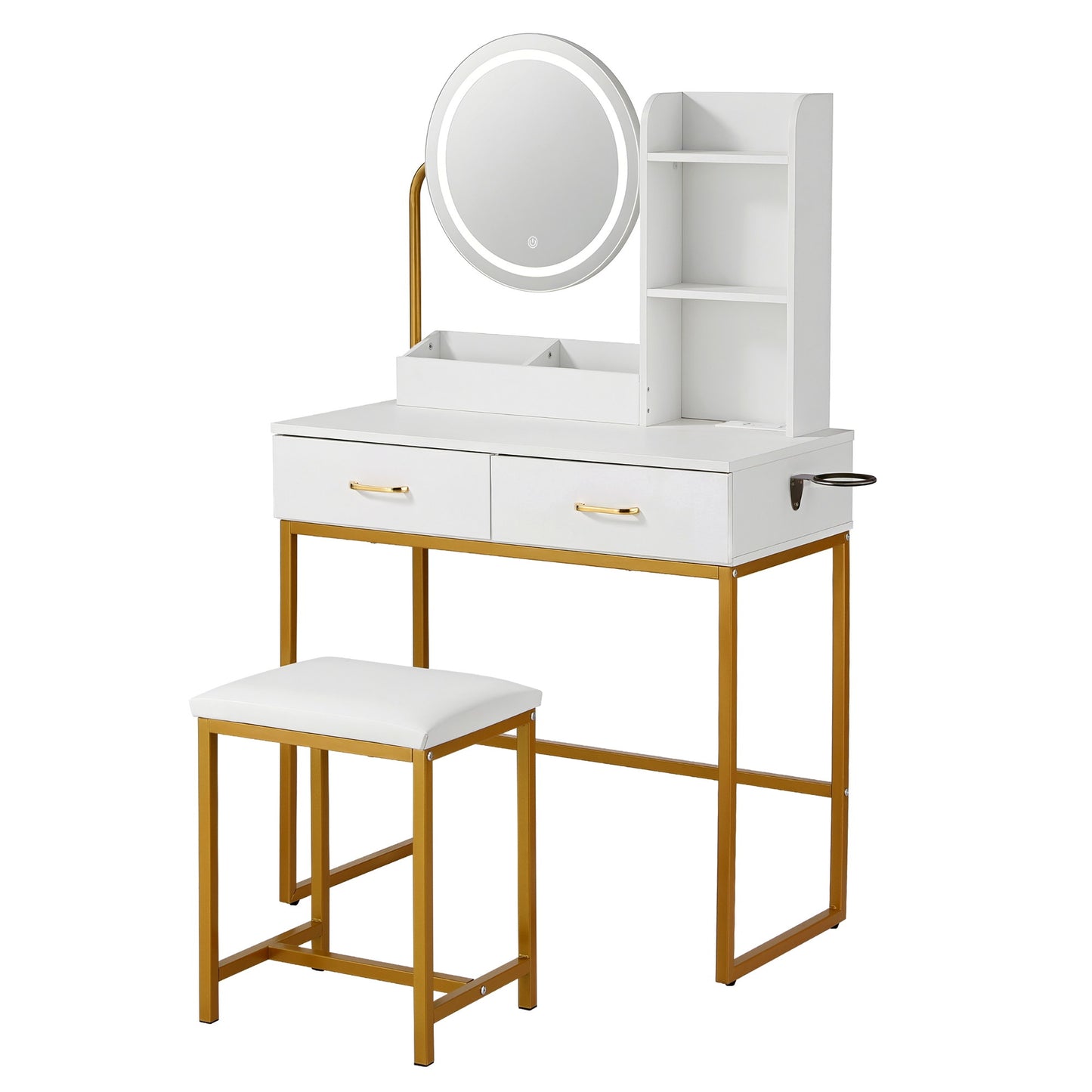 Dressing Table Vanity Desk Set Stool LED Charging Station - White