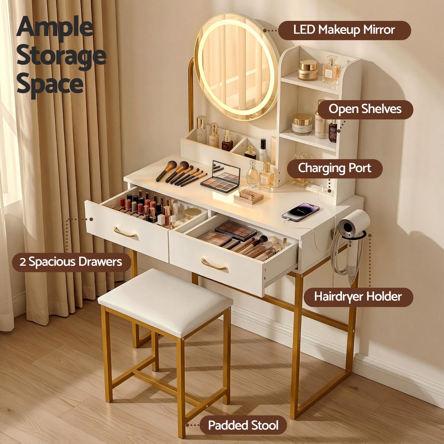 Dressing Table Vanity Desk Set Stool LED Charging Station - White