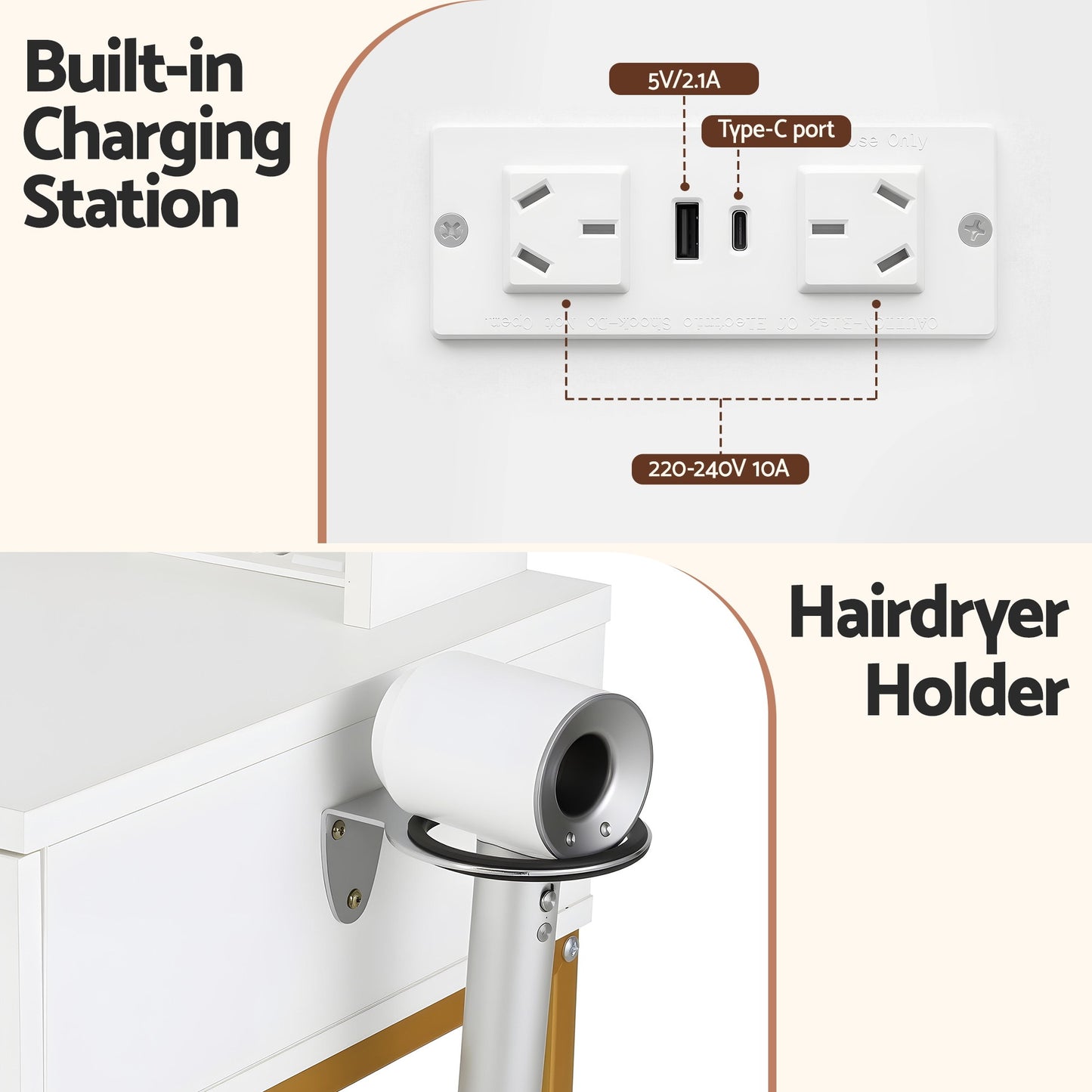 Dressing Table Vanity Desk Set Stool LED Charging Station - White