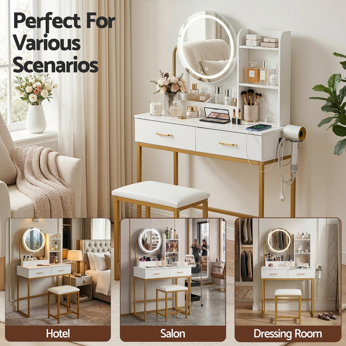 Dressing Table Vanity Desk Set Stool LED Charging Station - White